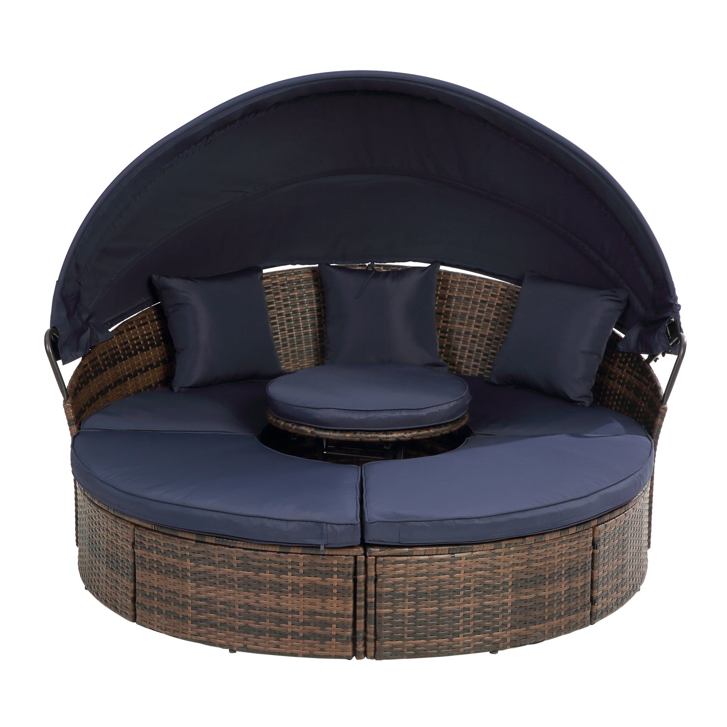 Hot Sale KD Rattan Round Lounge With Canopy Bali Canopy Bed Outdoor, Wicker Outdoor Sofa Bed with lift coffee table