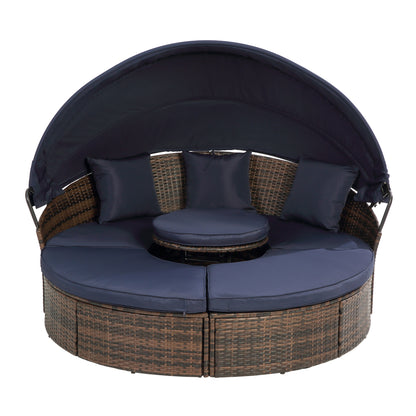 Hot Sale KD Rattan Round Lounge With Canopy Bali Canopy Bed Outdoor, Wicker Outdoor Sofa Bed with lift coffee table