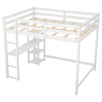 Full Size Loft Bed with Built-in Desk and Shelves,White