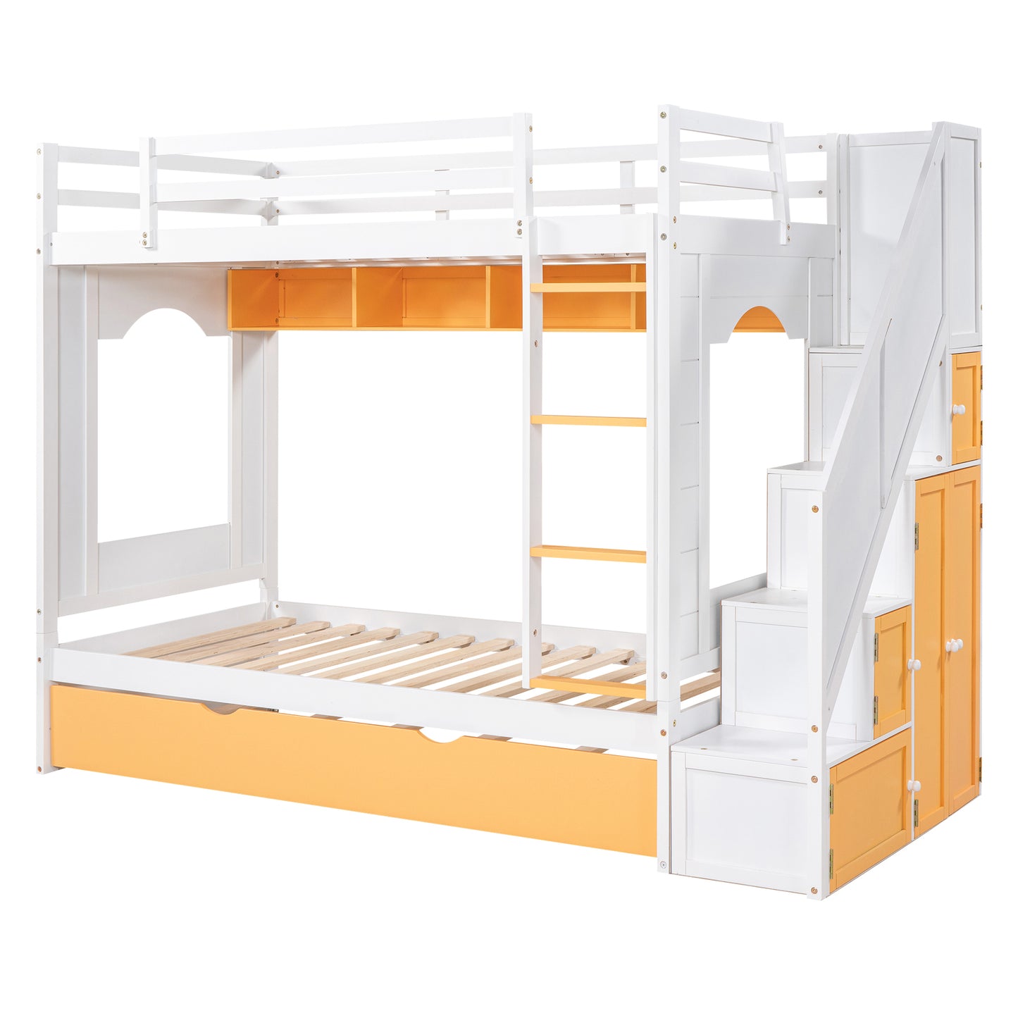 Twin Over Twin Bunk Bed with Trundle ,Stairs,Ladders Solid Wood Bunk bed with Storage Cabinet （White + Yellow）