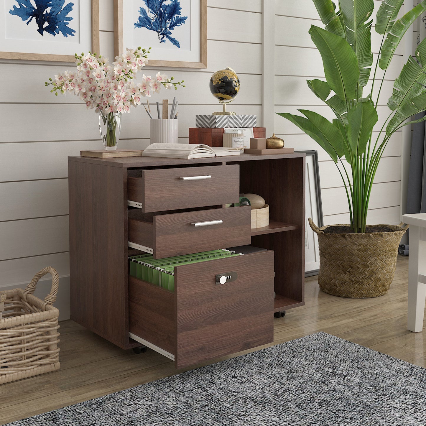 Drawer Wood File Cabinet with coded Lock, Mobile Lateral Filing Cabinet, Printer Stand with Open Storage Shelves for Home Office, Modern Popular wood grain