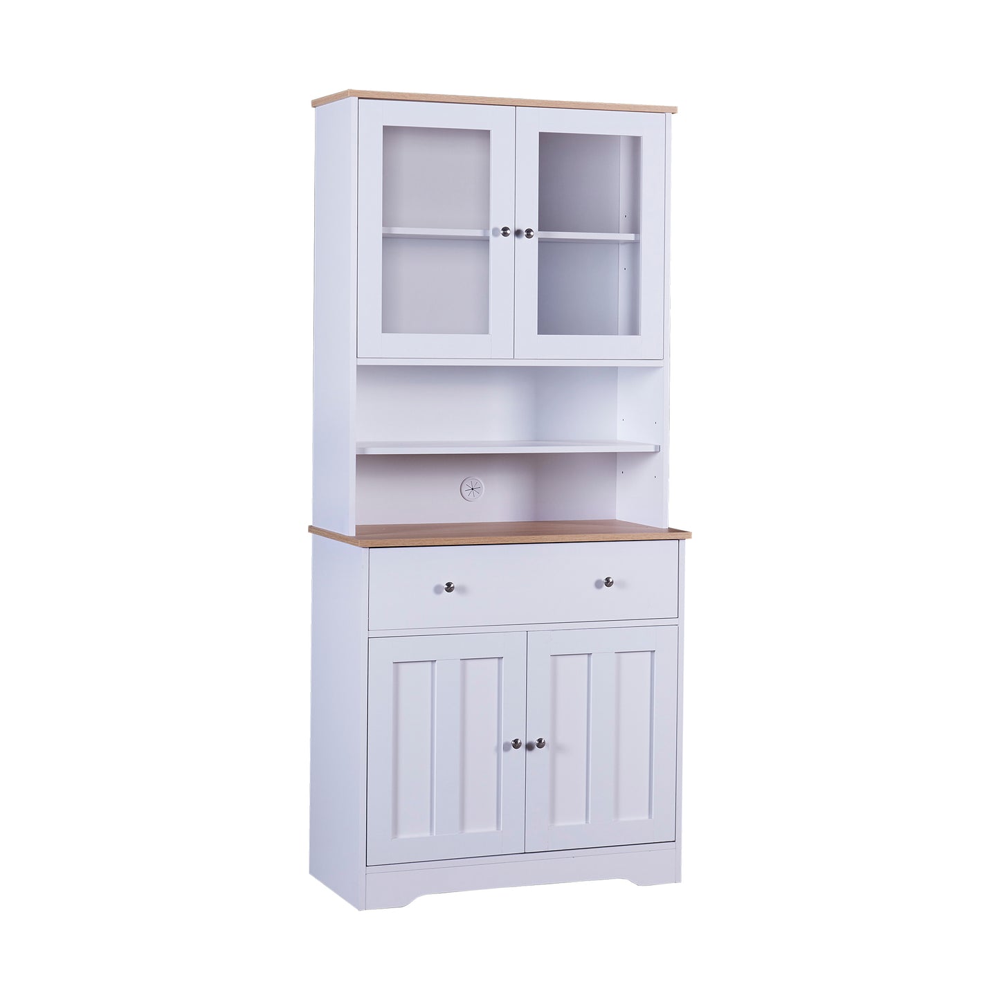 TREXM 70.9" Multifunctional Pantry Cabinet MDF Storage Cabinet with Glass Doors, A Large Drawer and Adjustable Shelves (White)