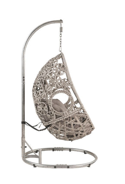 ACME Sigar Patio Hanging Chair with Stand, Light Gray Fabric & Wicker 45107