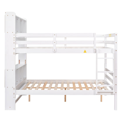 Full Over Full Bunk Beds with Bookcase Headboard, Solid Wood Bed Frame with Safety Rail and Ladder, Kids/Teens Bedroom, Guest Room Furniture, Can Be converted into 2 Beds, White