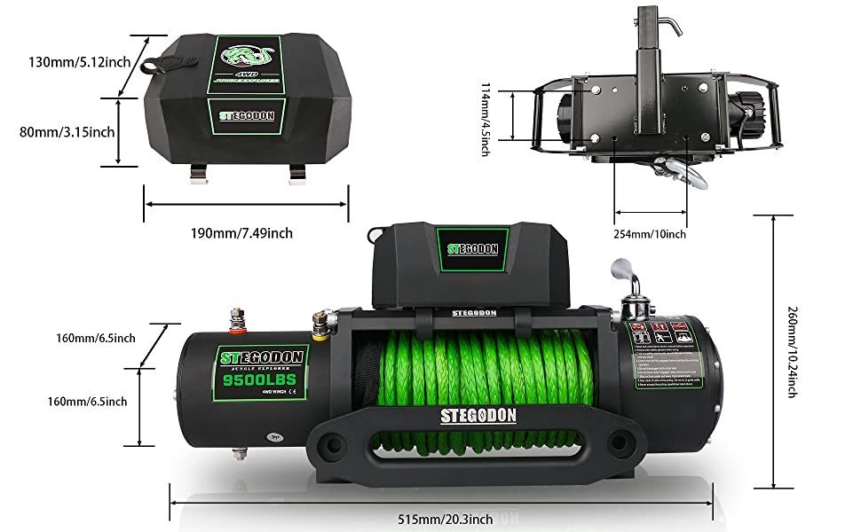 STEGODON New 9500 lb. Load Capacity Electric Winch S3,12V Waterproof IP67 Electric Winch with Hawse Fairlead, Synthetic Rope Winch with Wireless Handheld Remote and Wired Handle(Green-Rope)