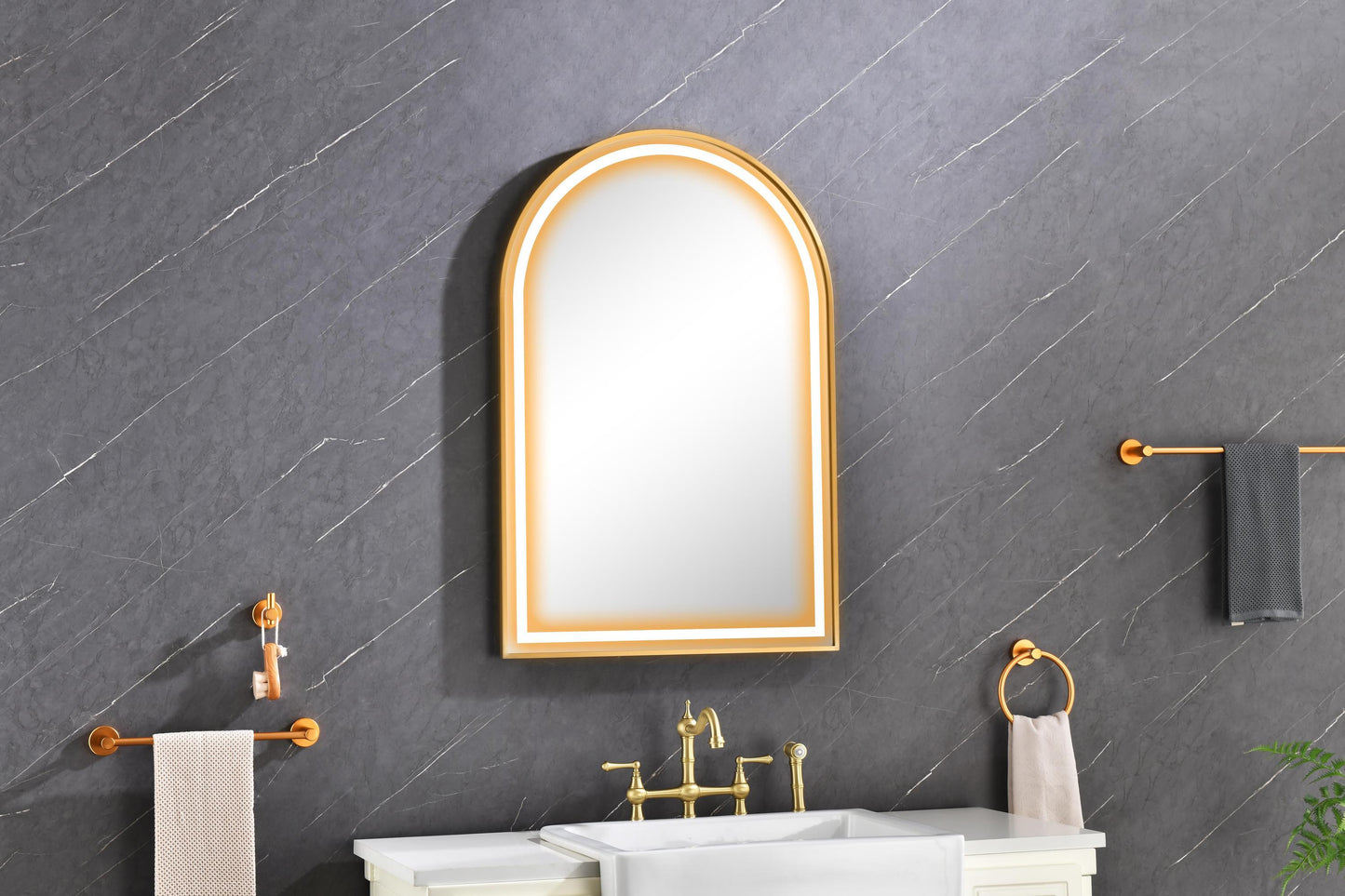 39in. W x 26in. H Oversized Rectangular Brushed Gold Framed LED Mirror Anti-Fog Dimmable Wall Mount Bathroom Vanity Mirror  Wall Mirror Kit For Gym And Dance Studio