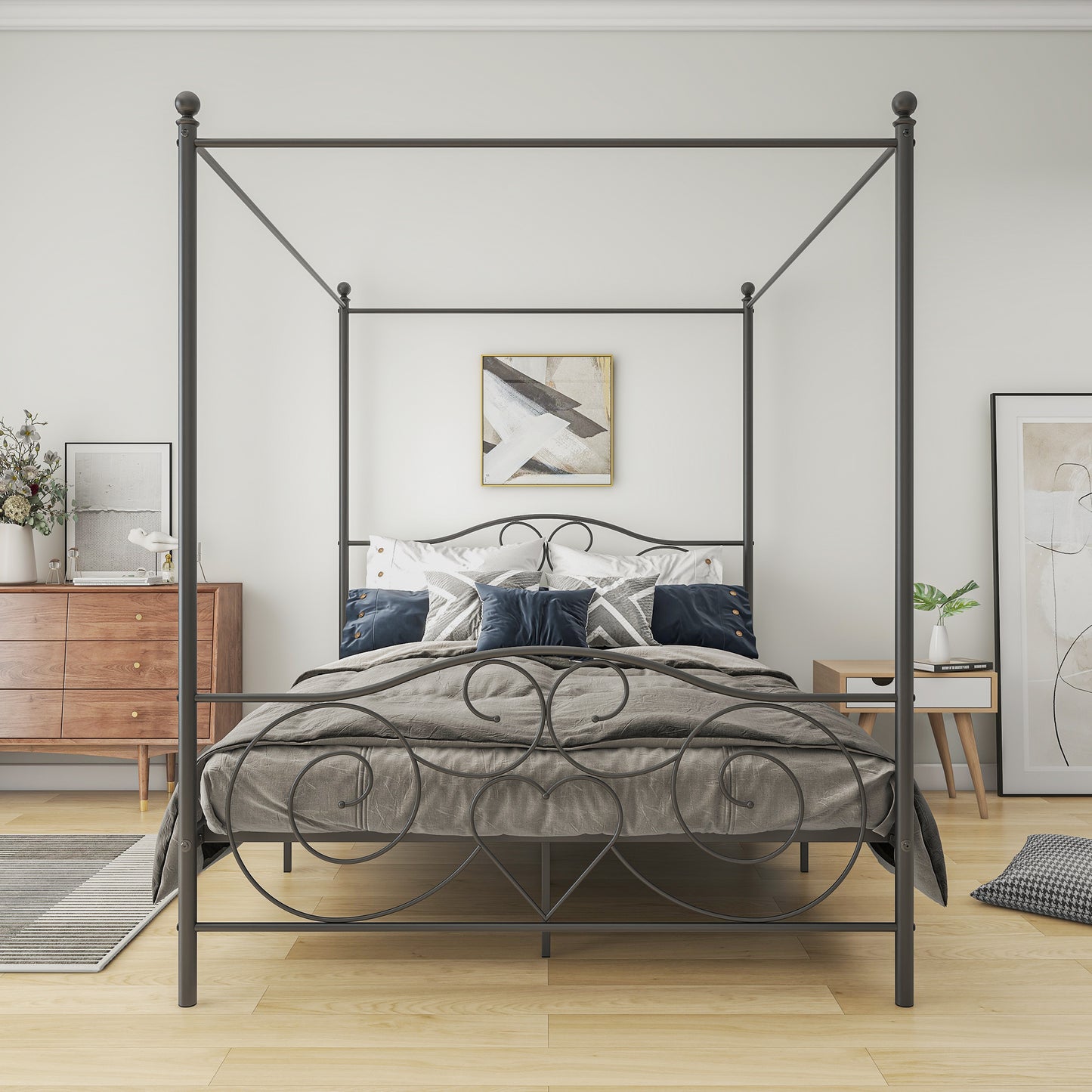 Canopy Metal Bed Frame with Vintage Style Headboard & Footboard ，Easy DIY Assembly All Parts Included, Queen Black（same as W84036133）