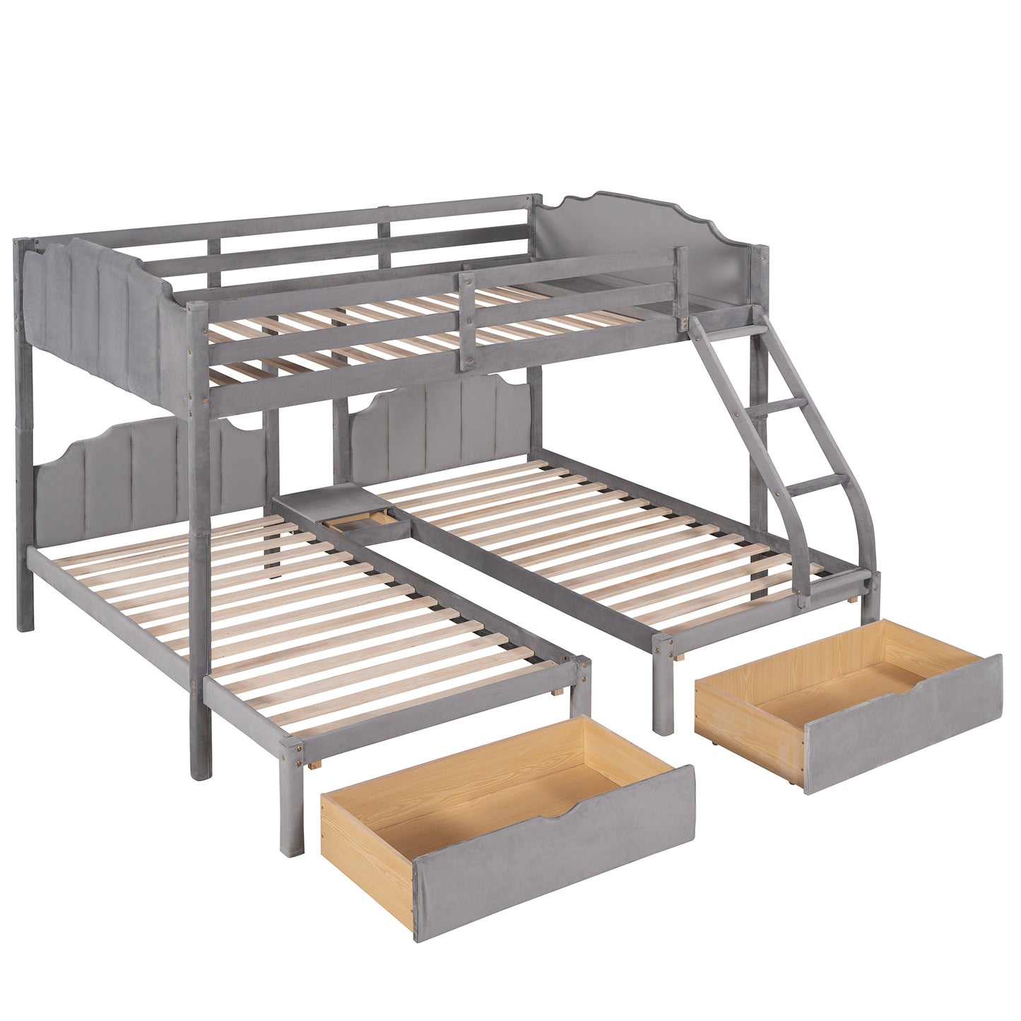 Full Over Twin & Twin Bunk Bed, Velvet Triple Bunk Bed with Drawers and Guardrails, Gray