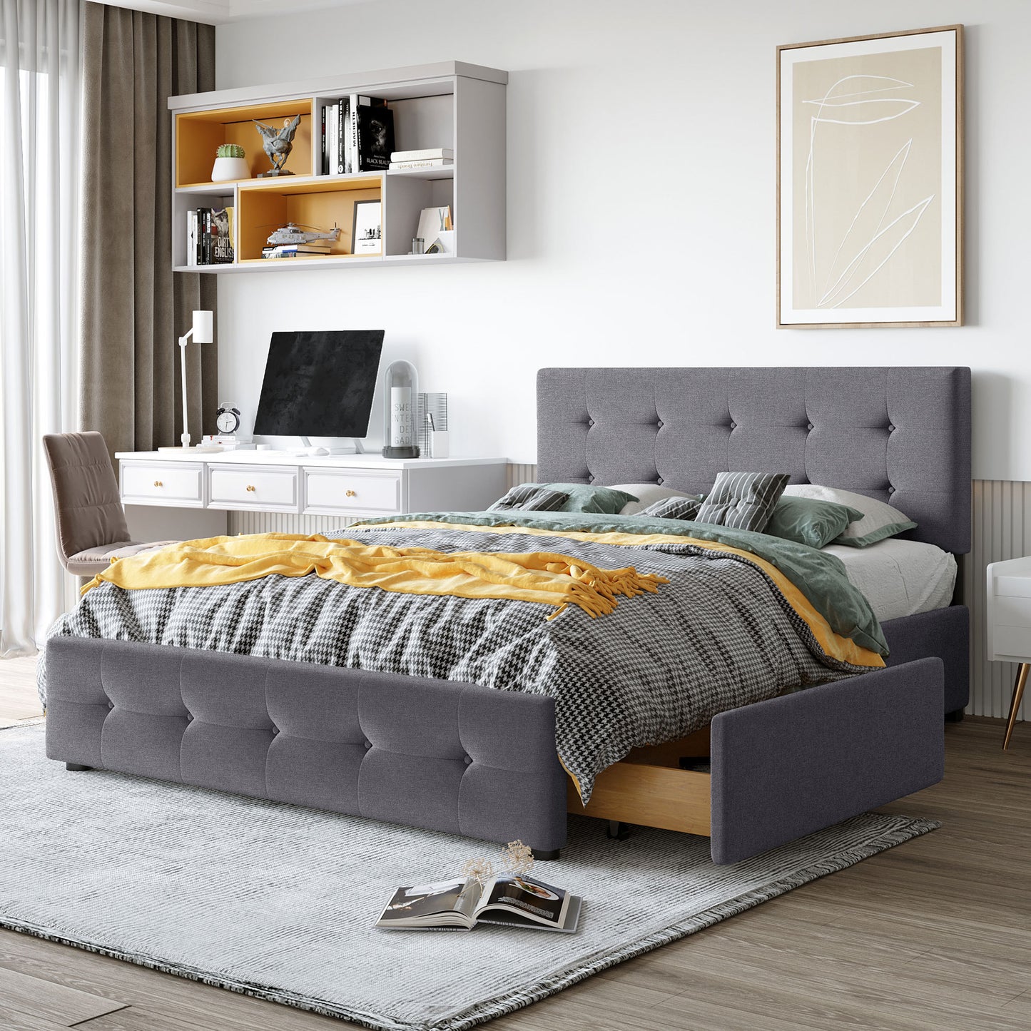 Upholstered Platform Bed with Classic Headboard and 4 Drawers, No Box Spring Needed, Linen Fabric, Queen Size Dark gray(OLD SKU :LP000114AAE)