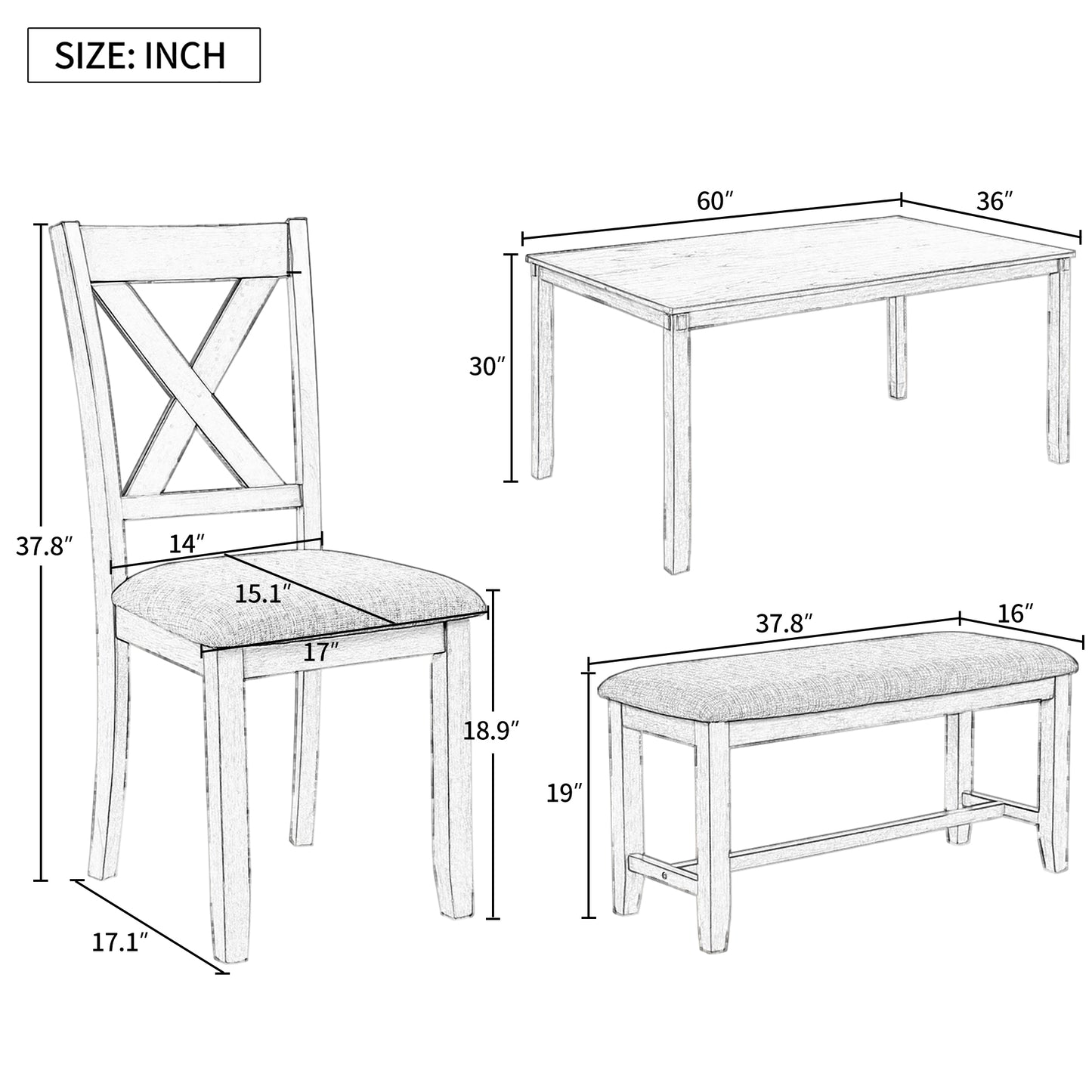 TREXM 6-Piece Kitchen Dining Table Set Wooden Rectangular Dining Table, 4 Fabric Chairs and Bench Family Furniture (Gray)