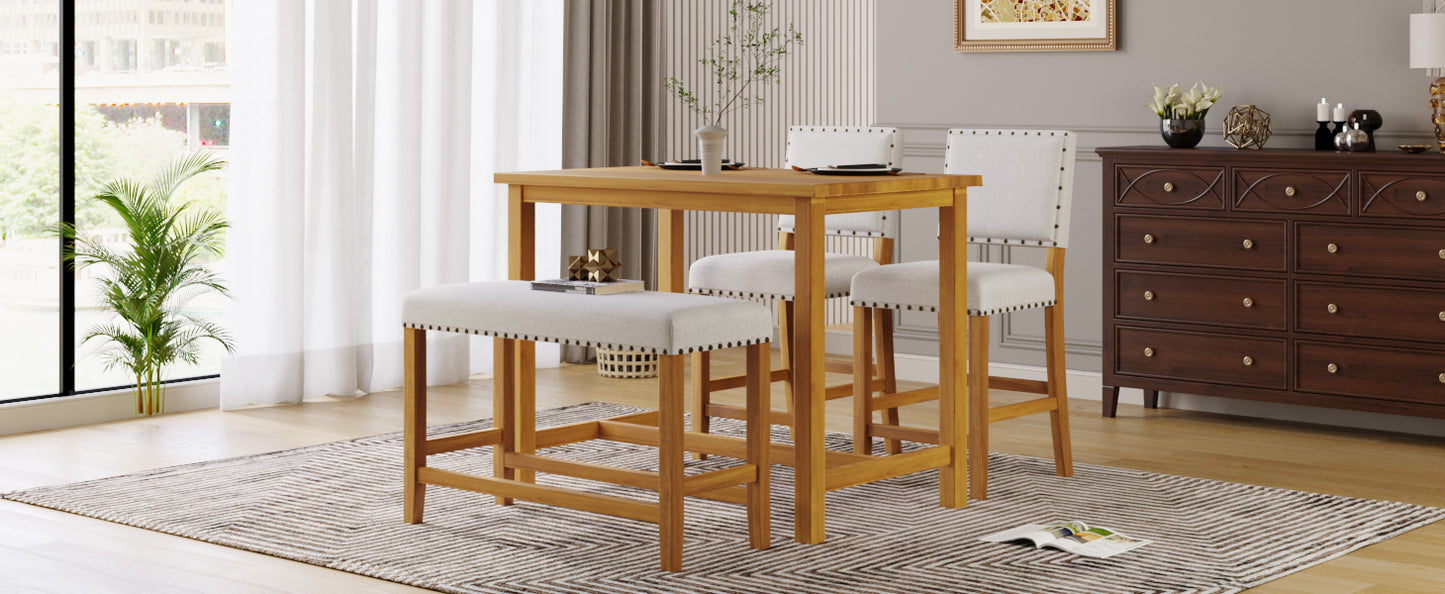 TOPMAX 4 Piece Rustic Wooden Counter Height Dining Table Set with Upholstered Bench for Small Places, Natural+Beige