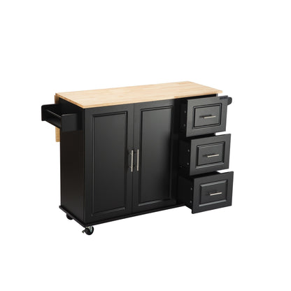 Kitchen Island & Kitchen Cart, \\nMobile Kitchen Island with Extensible Rubber Wood Table Top,\\nadjustable Shelf Inside Cabinet,\\n3 Big Drawers, with Spice Rack, Towel Rack, \\nBlack-Beech .