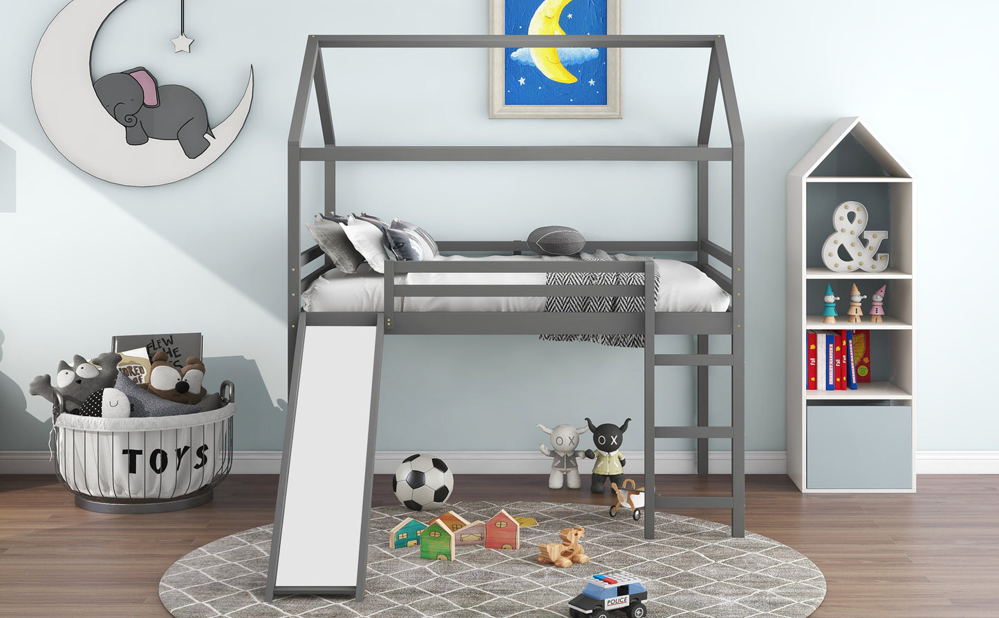 Full Size Loft Bed with Slide, House Bed with Slide,Gray(OLD SKU :WF281161AAE)