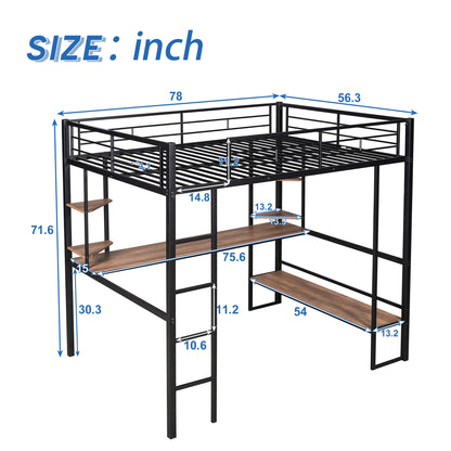 Full Size Loft Metal&MDF Bed with Long Desk and Shelves,Black