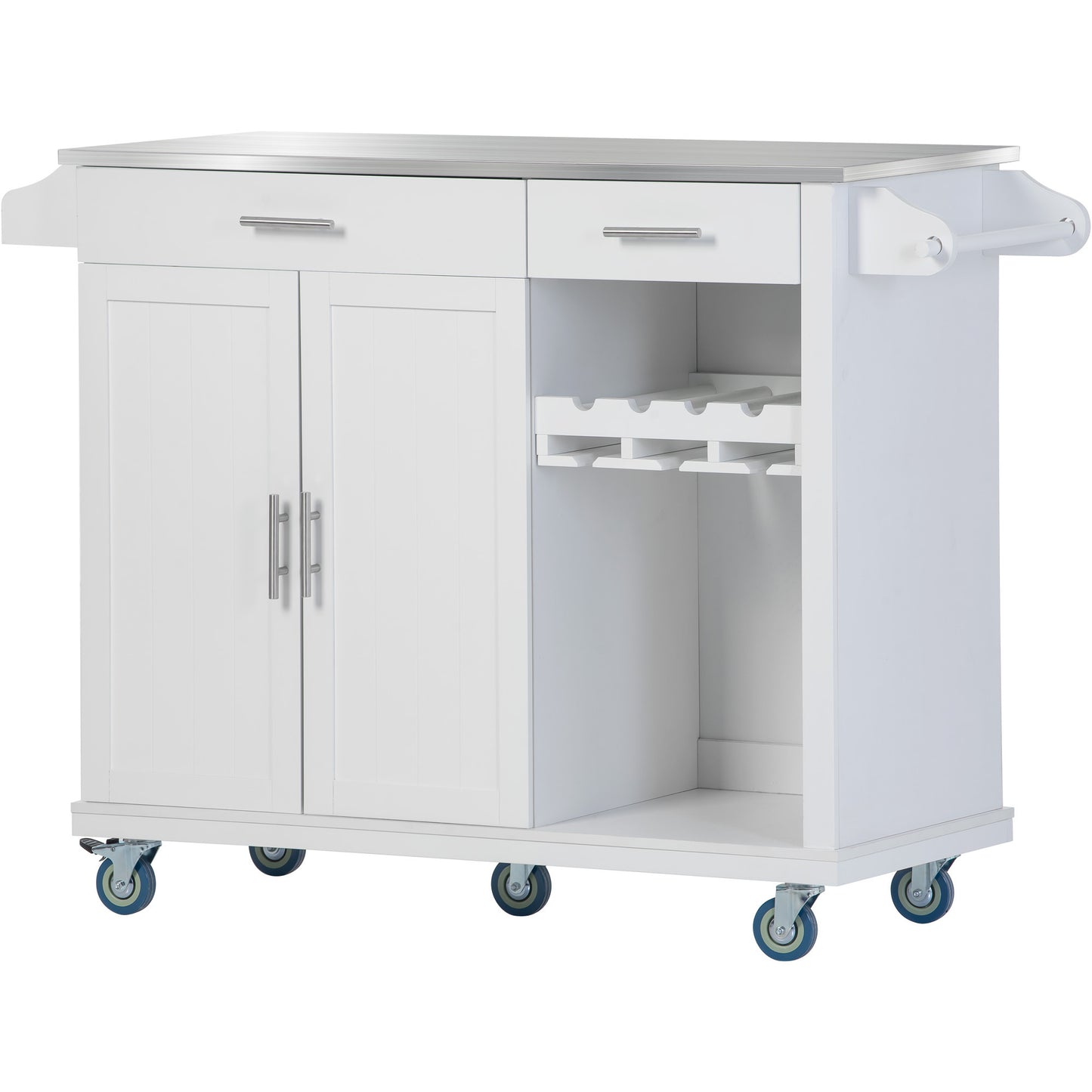 K&K Kitchen Cart with Stainless Steel Top and Storage Cabinet, Kitchen Island on Wheels with Two Drawers & Goblet Holder & Wine Rack & Spice Rack & Towel Holder, L51xW18xH37 Inches