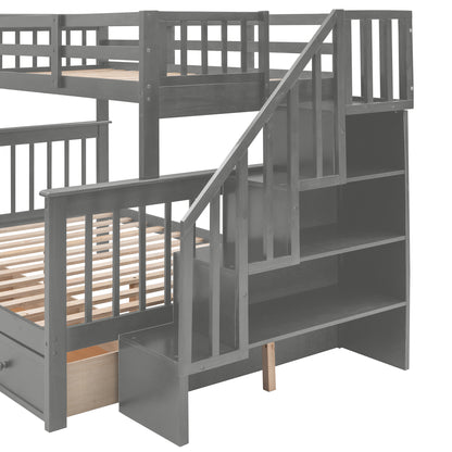 Stairway Twin-Over-Full Bunk Bed with Drawer, Storage and Guard Rail for Bedroom, Dorm, for Adults, Gray color(Old SKU: LP000219AAE)