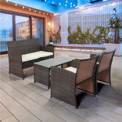 4 PCS Wicker Patio Conversation Set, Outdoor Rattan Sofas with Table Set, Patio Furniture Set with Soft Cushions & Tempered Glass Coffee Table