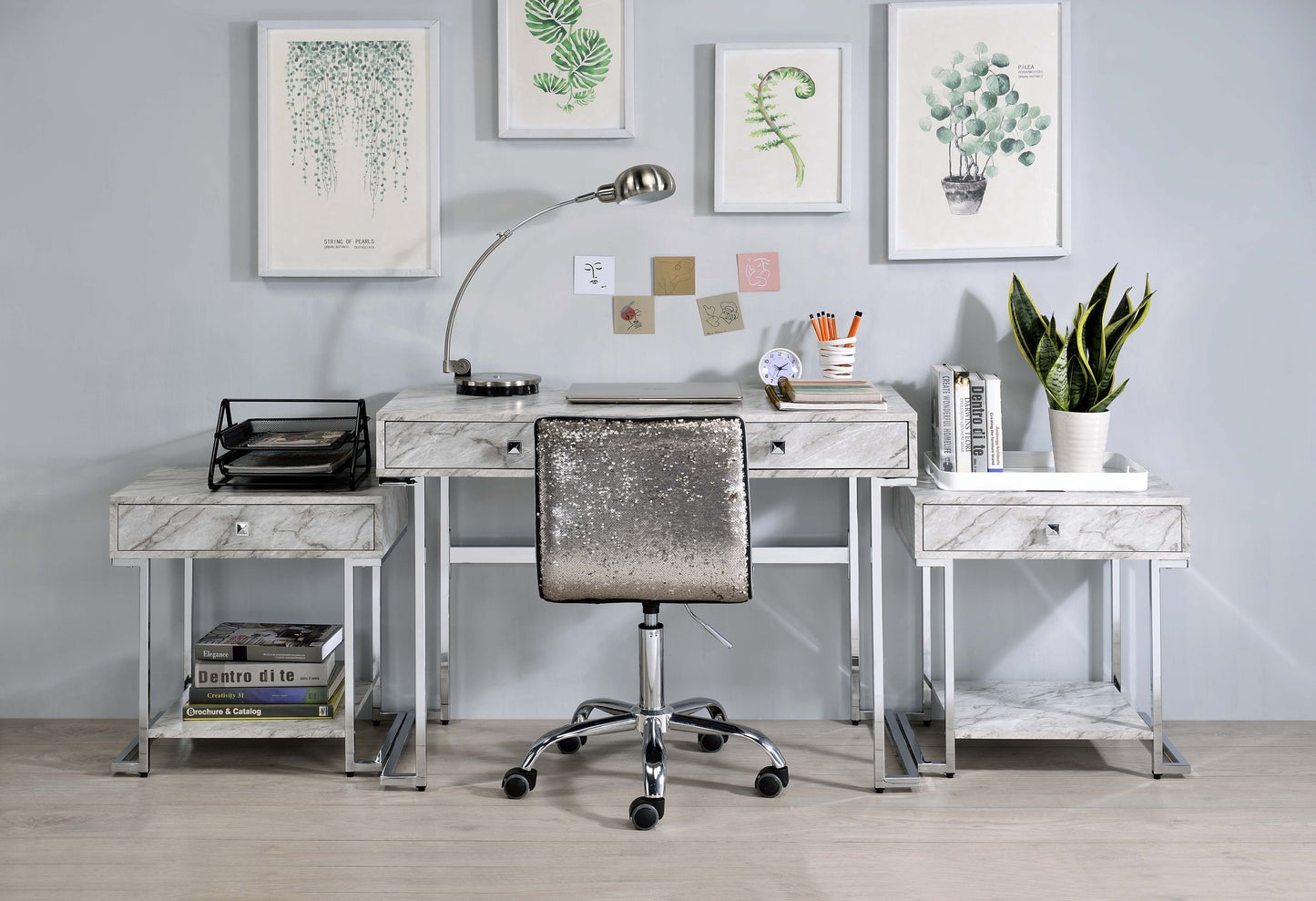 ACME Tigress Writing Desk, White Printed Faux Marble & Chrome Finish 92615