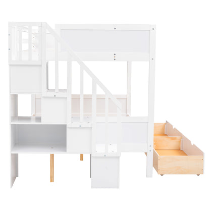 Twin over Full Bunk Bed with Shelfs, Storage Staircase and 2 Drawers, White