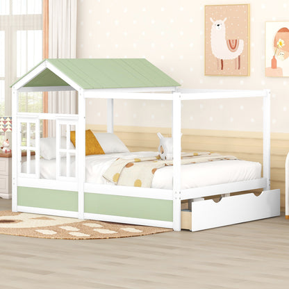 Full Size House Bed with Roof, Window and Drawer - Green + White