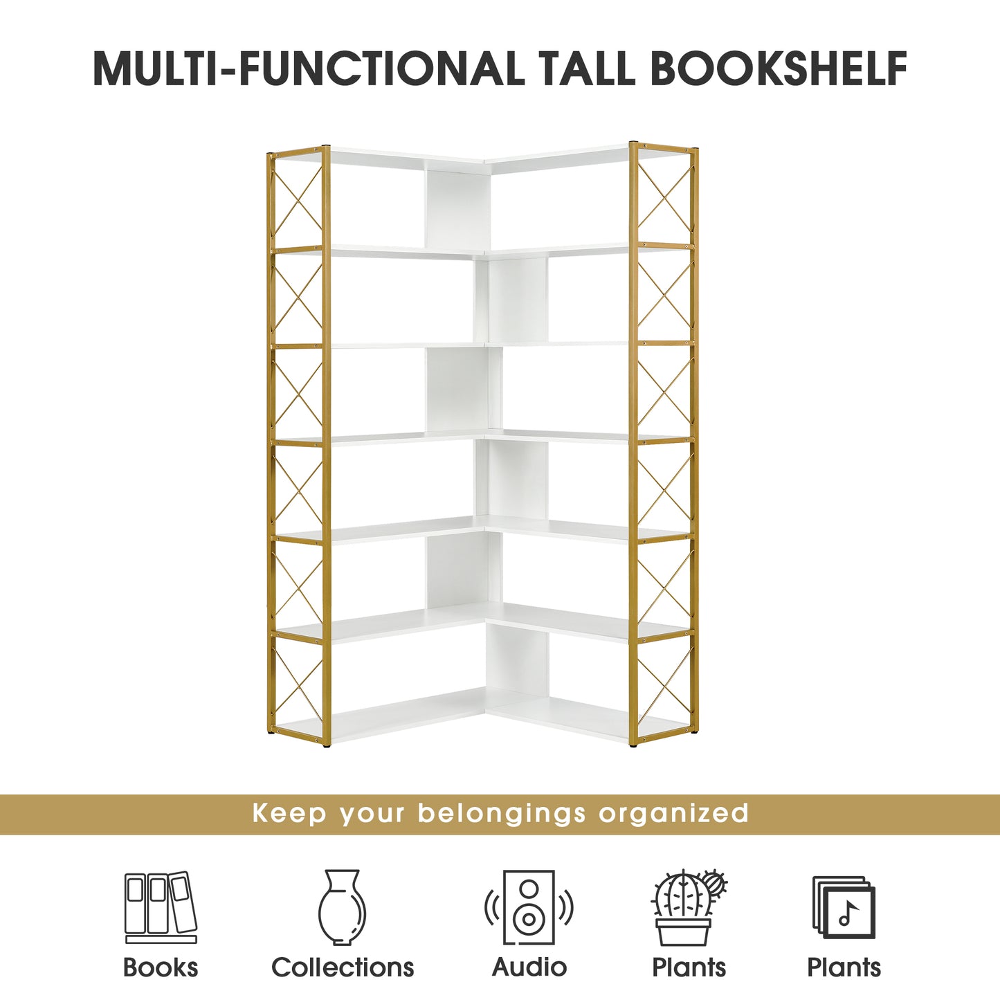 Golden+White 7-Tier Bookcase Home Office Bookshelf,  L-Shaped Corner Bookcase with Metal Frame, Industrial Style Shelf with Open Storage, MDF Board