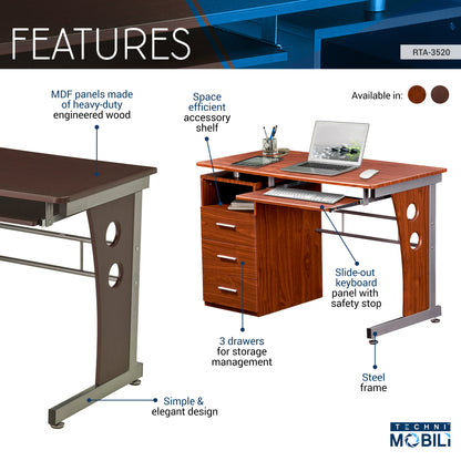 Techni Mobili Computer Desk with Ample Storage, Chocolate