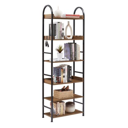 70.8 Inch Tall Bookshelf, 6-tier Shelves with Round Top Frame, MDF Boards, Adjustable Foot Pads, Brown