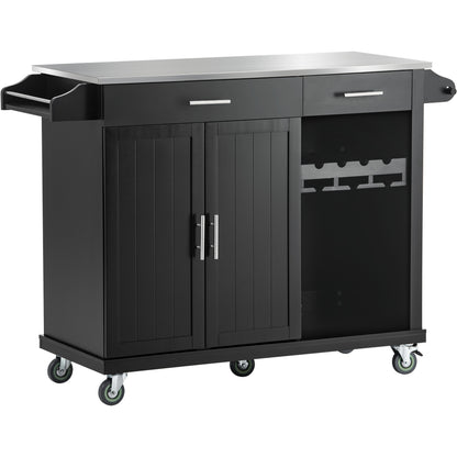 K&K Kitchen Cart with Stainless Steel Top and Storage Cabinet, Kitchen Island on Wheels with Two Drawers & Goblet Holder & Wine Rack & Spice Rack & Towel Holder, L51xW18xH37 Inches