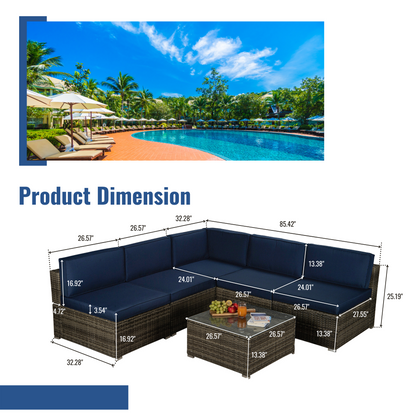 Outdoor Garden Patio Furniture 6-Piece Dark Gray PE Rattan Wicker Sectional Navy Cushioned Sofa Sets