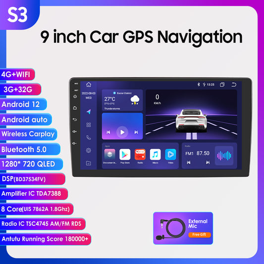 3S Series 9" Touchscreen Android 12 Octa Core QLED 1280*720 Car Gps NavI Stereo Carplay Wif 4G LTE 3+32GB