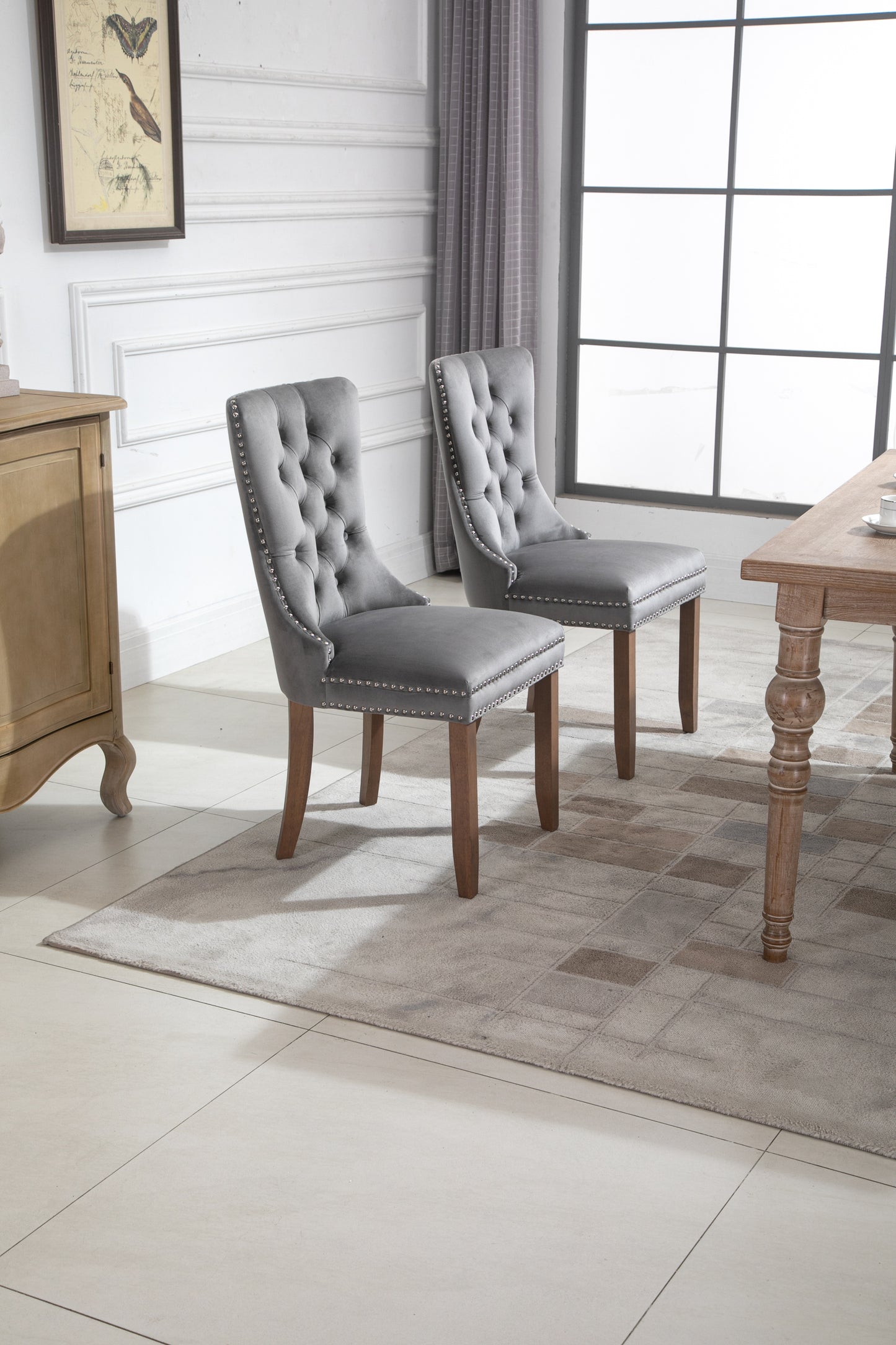 Upholstered Button Tufted Back Gray Velvet Dining Chair with Nailhead Trim and Solid Wood Legs 2 Sets