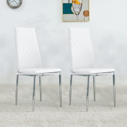 Grid Shaped Armless High Back Dining Chair,2-Piece Set, Office Chair. Applicable to Dining Room, Living Room, Kitchen and Office.White Chair and Electroplated Metal Leg