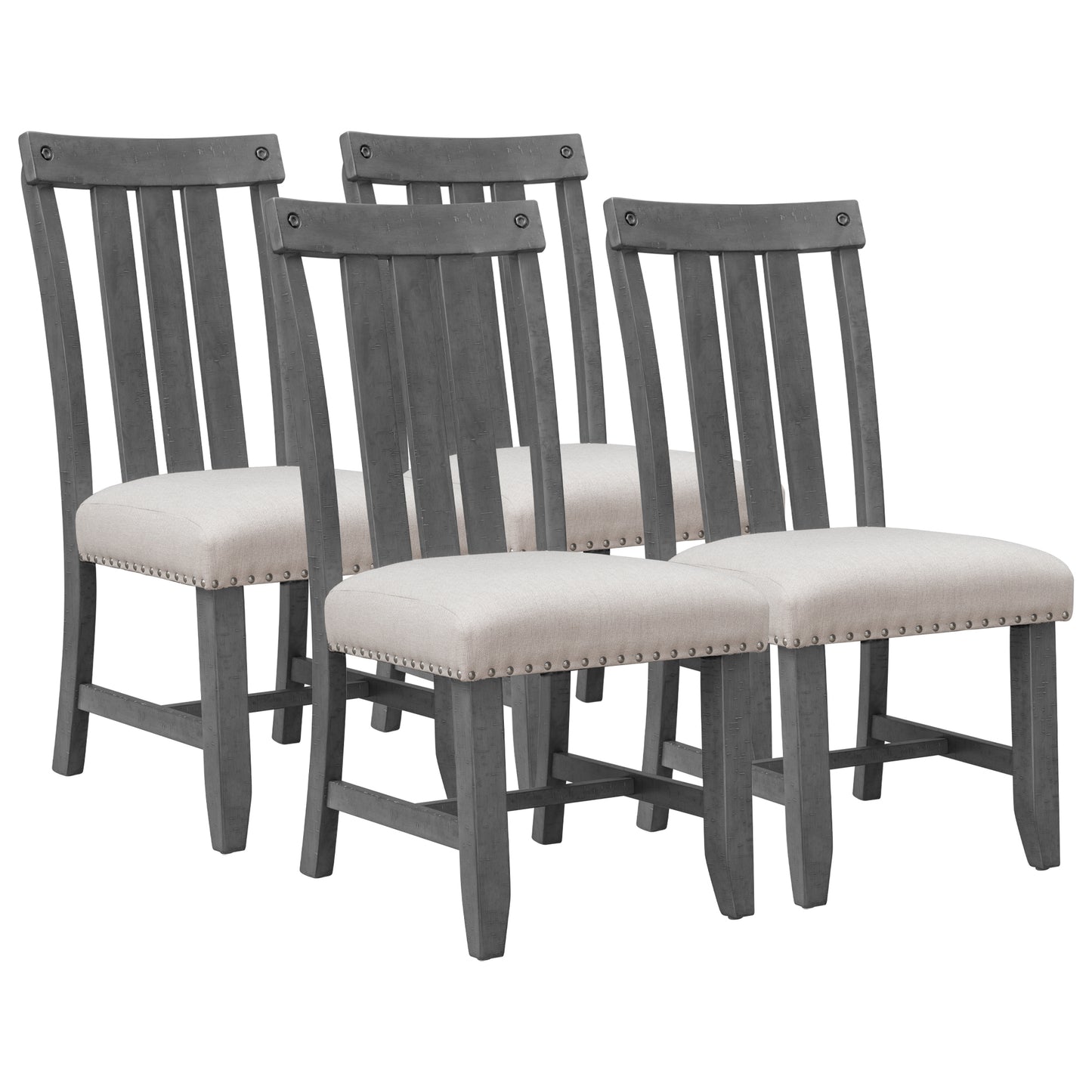 TREXM Set of 4 Fabric Upholstered Dining Chairs with Sliver Nails and Solid Wood Legs (Gray)