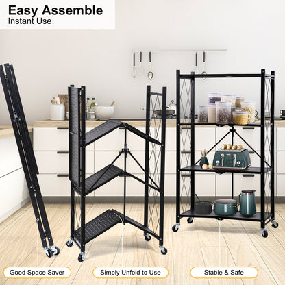 HealSmart 4-Tier Heavy Duty Foldable Metal Rack Storage Shelving Unit with Wheels Moving Easily Organizer Shelves Great for Garage Kitchen Holds up to 1000 lbs Capacity, Black