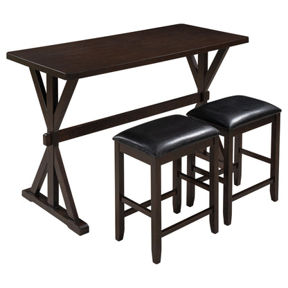 TOPMAX 3-Piece Counter Height Wood Kitchen Dining Table Set with 2 Stools for Small Places, Brown Finish+Black Cushion