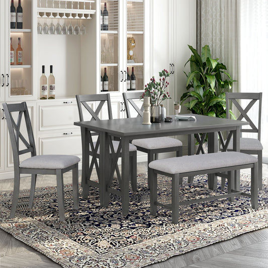 TREXM 6-Piece Family Dining Room Set Solid Wood Space Saving Foldable Table and 4 Chairs with Bench for Dining Room (Gray)