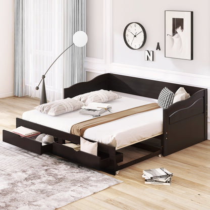 Wooden Daybed with Trundle Bed and Two Storage Drawers , Extendable Bed Daybed,Sofa Bed with Two Drawers, Espresso