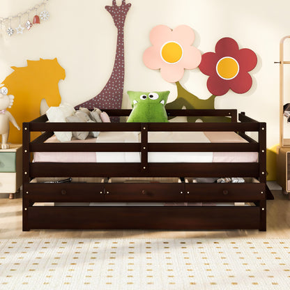 Low Loft Bed Full Size with Full Safety Fence, Climbing ladder, Storage Drawers and Trundle Espresso Solid Wood Bed