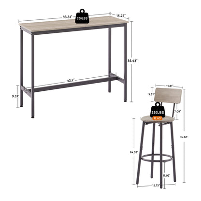 JHX Bar Table Set with 2 Bar stools PU Soft seat with backrest (Grey,43.31’’L*15.75’’W*35.43’H)