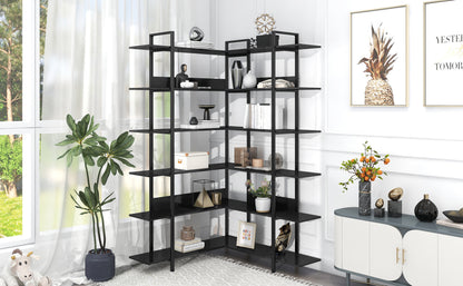 74.8 Inch Bookshelf L-shape MDF Boards Stainless Steel Frame Corner 6-tier Shelves Adjustable Foot Pads, Black