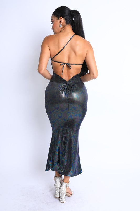 Hologram Asymmetric Strap Ruched Maxi Dress