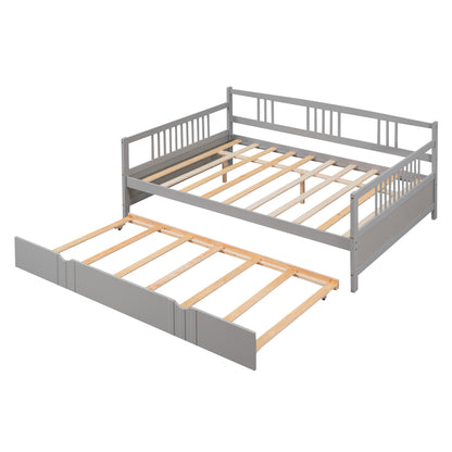 Full Size Daybed Wood Bed with Twin Size Trundle,Gray