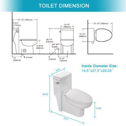 Ceramic One Piece Toilet,Single Flush with Soft Clsoing Seat