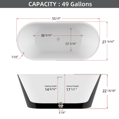 55" Acrylic Free Standing Tub - Classic Oval Shape Soaking Tub, Adjustable Freestanding Bathtub with Integrated Slotted Overflow and Chrome Pop-up Drain Anti-clogging Gloss Black