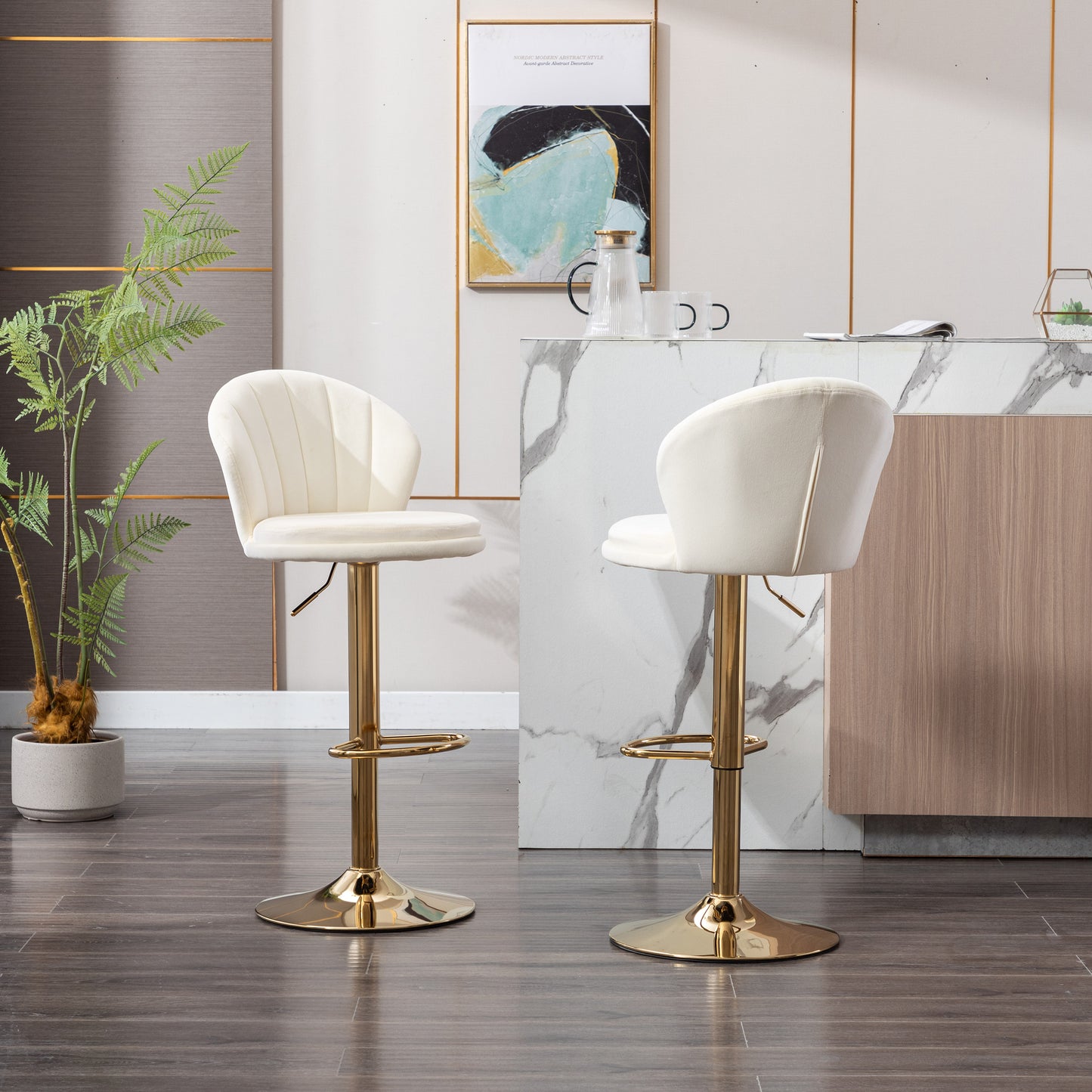 Set of 2  Bar Stools,with Chrome Footrest and Base Swivel Height Adjustable Mechanical Lifting Velvet + Golden Leg Simple Bar Stool-Cream