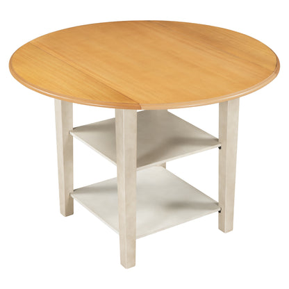 TOPMAX Farmhouse Round Kitchen Dining Table with Drop Leaf  and  2-tier Shelves for Small Places, Natural + Distressed White