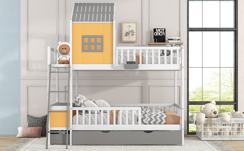 Twin over Twin Bunk Bed with Twin Size Trundle , Farmhouse Bed with Storage Box and Drawer - Yellow