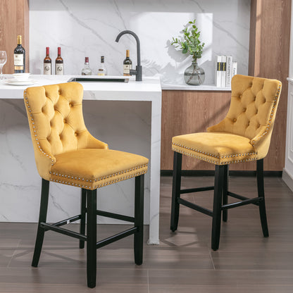 A&A Furniture,Contemporary Velvet Upholstered Barstools with Button Tufted Decoration and Wooden Legs, and Chrome Nailhead Trim, Leisure Style Bar Chairs,Bar stools, Set of 2 (Gold) 1902GL