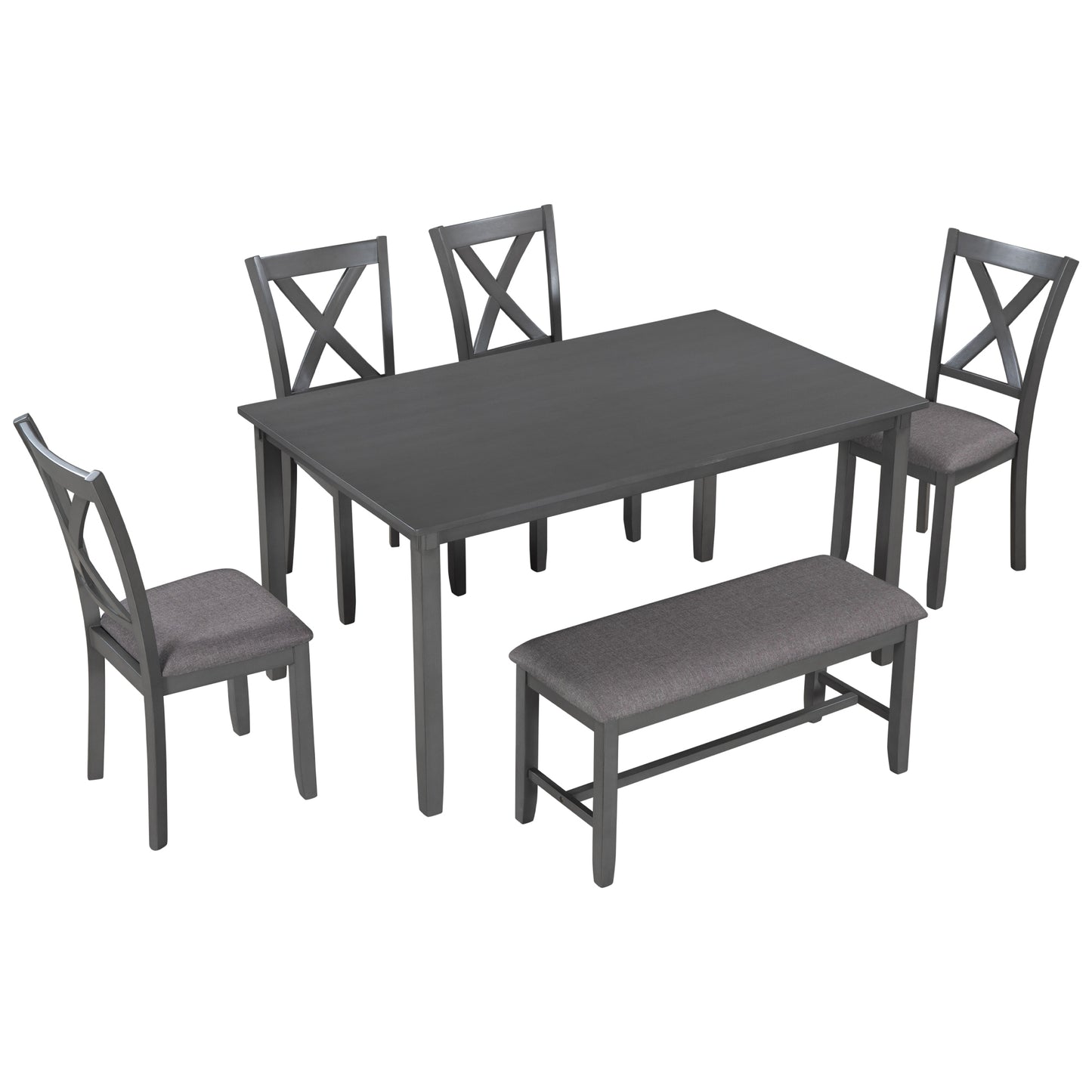 TREXM 6-Piece Kitchen Dining Table Set Wooden Rectangular Dining Table, 4 Fabric Chairs and Bench Family Furniture (Gray)