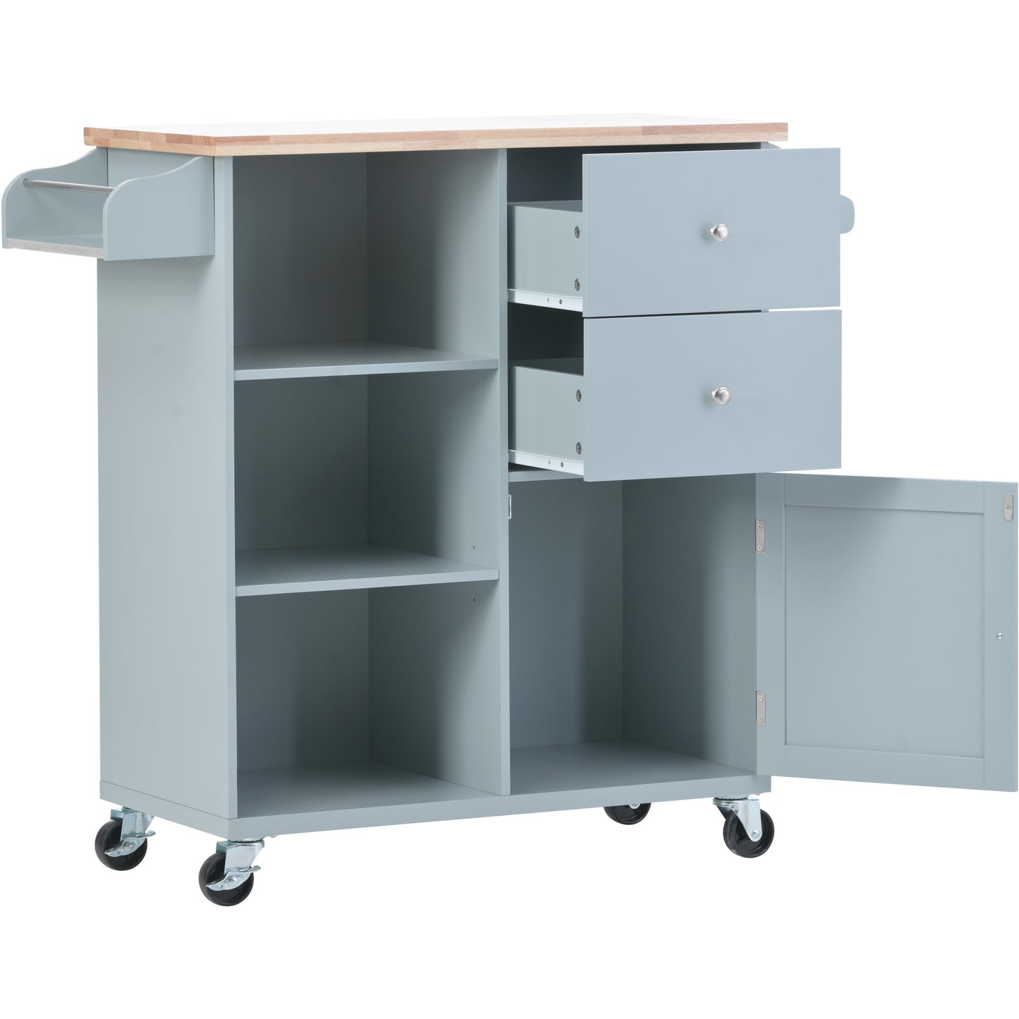 K&K Store Kitchen Cart on 4 Wheels with 2 Drawers and 3 Open Shelves, Kitchen Island with Rubber Wood top for Dinning Room, Grey Blue